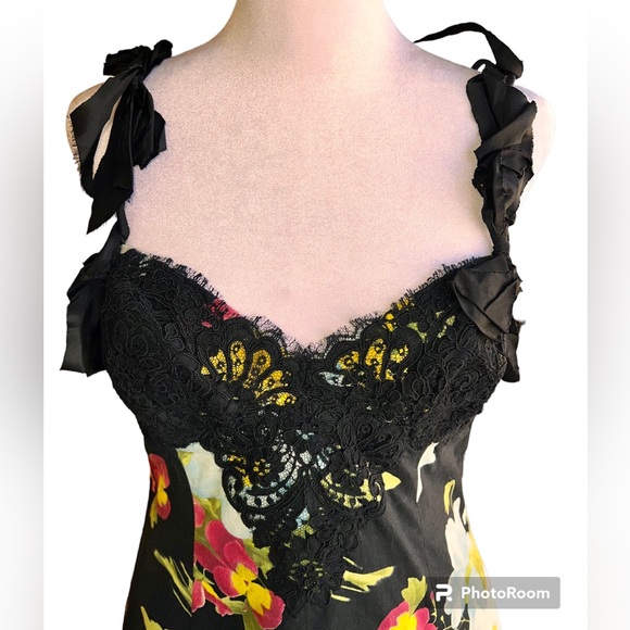 RICKIE FREEMAN for TERI JON Black Floral Print  Cotton Dress Black Lace 4 NWT - Picture 4 of 16